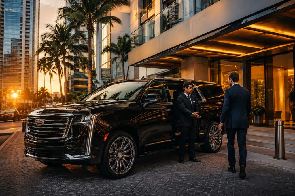 Professional chauffeur in a black suit opening the door of a luxury Cadillac Escalade ESV outside a 5-star hotel in Brickell, Miami.