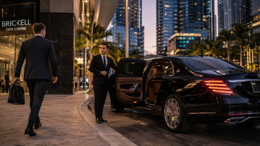 Executive chauffeur holding open the door of a black luxury vehicle in front of Brickell City Centre skyscrapers in Miami, representing Mundi Limos high-end transportation service.