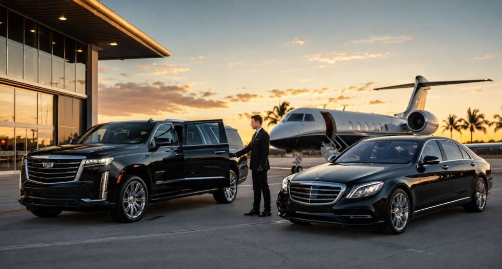 Professional chauffeur holding open the door of a black luxury SUV at Fort Lauderdale Airport FLL private terminal for executive limo service.