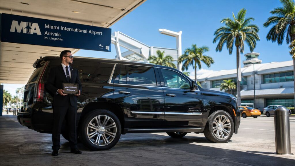 Professional chauffeur in a suit standing by a luxury black SUV at Miami International Airport arrivals area for private airport transfer service.