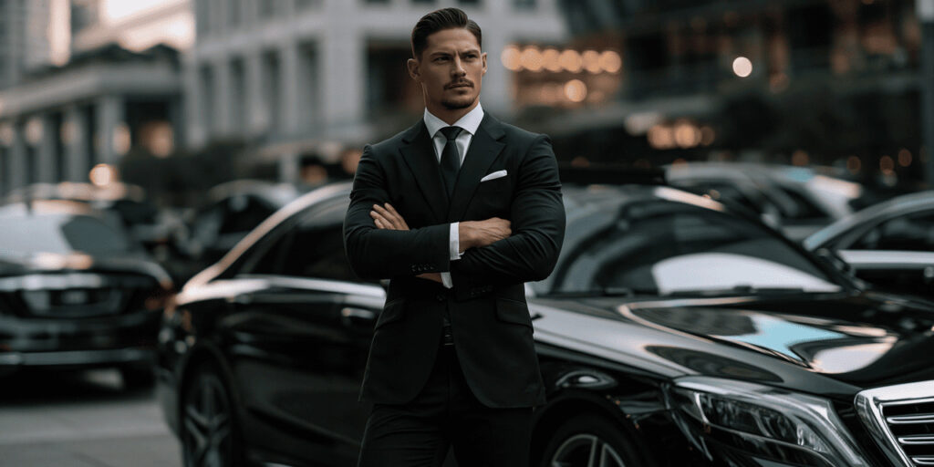 Professional chauffeur standing in front of luxury black cars providing Miami Beach limo service