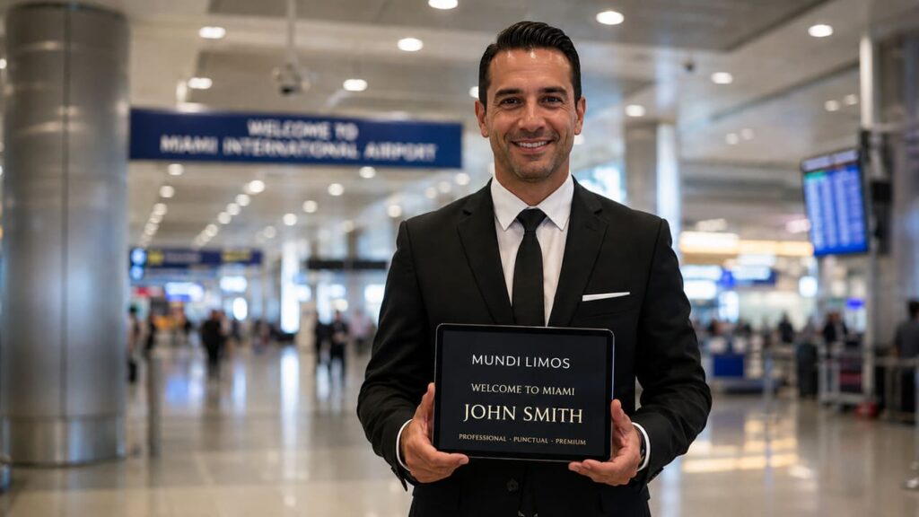 Professional chauffeur greeting a passenger inside Miami International Airport (MIA) terminal for luxury private airport transfer.