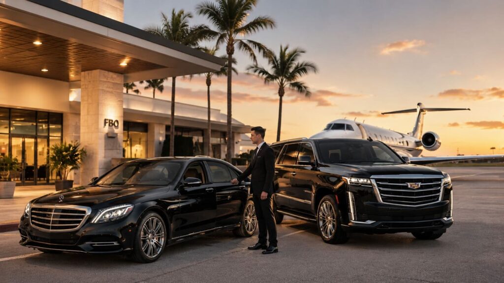 Executive black car service and luxury sedan parked outside Palm Beach International Airport PBI terminal with professional chauffeur.