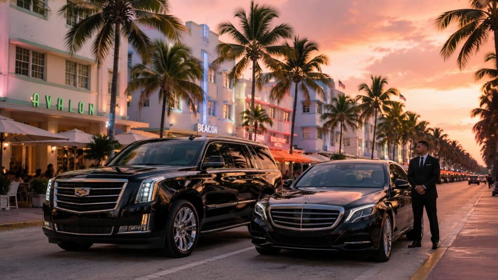 Luxury black executive vehicles parked on Ocean Drive in South Beach Miami